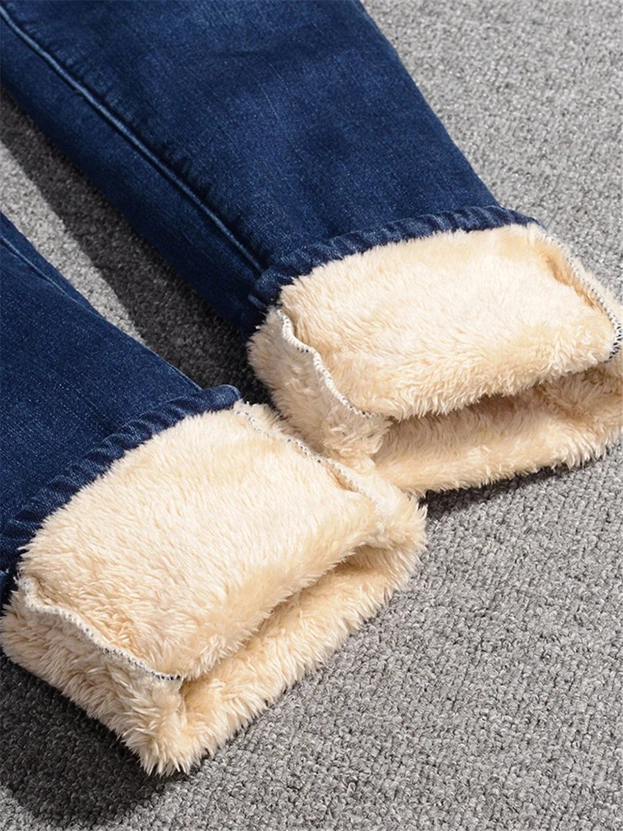 Winter Pencil Jeans Women Thicken Lamb Fluff Skinny Denim Pants High Waist Warm Lambwool Lined Stretch Vaqueros Big Size 34 Jean