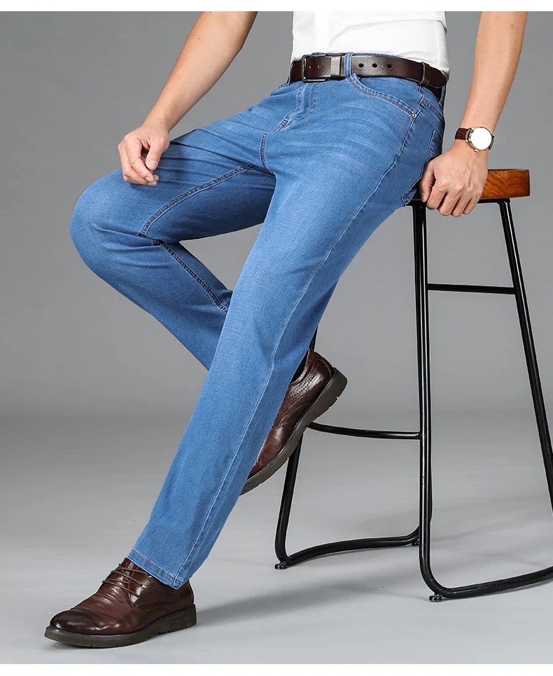 2024 Thin Material Office Business Jeans Men Classic Blue Black Cotton Stretch Straight Denim Pants Male Brand Trousers