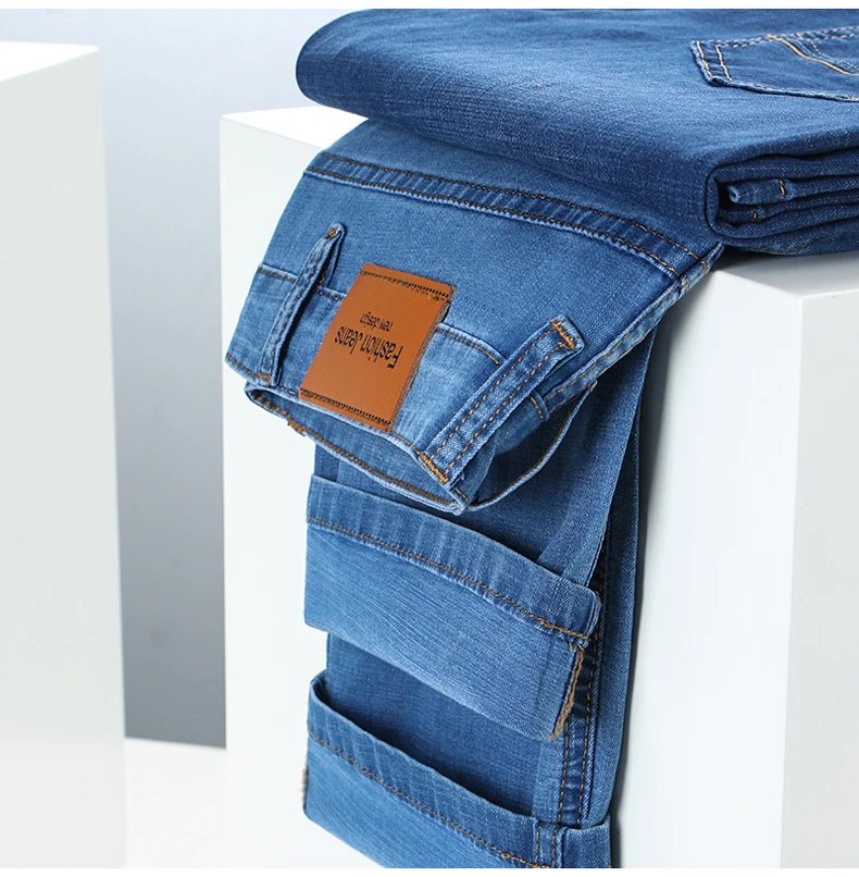 2024 Thin Material Office Business Jeans Men Classic Blue Black Cotton Stretch Straight Denim Pants Male Brand Trousers