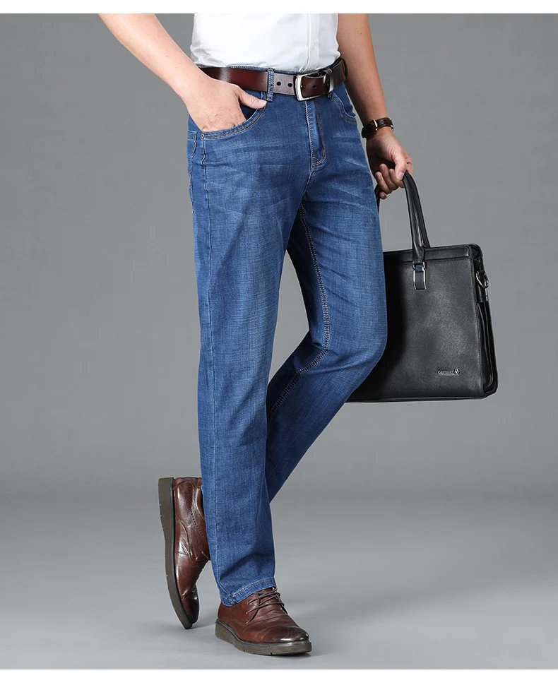 2024 Thin Material Office Business Jeans Men Classic Blue Black Cotton Stretch Straight Denim Pants Male Brand Trousers