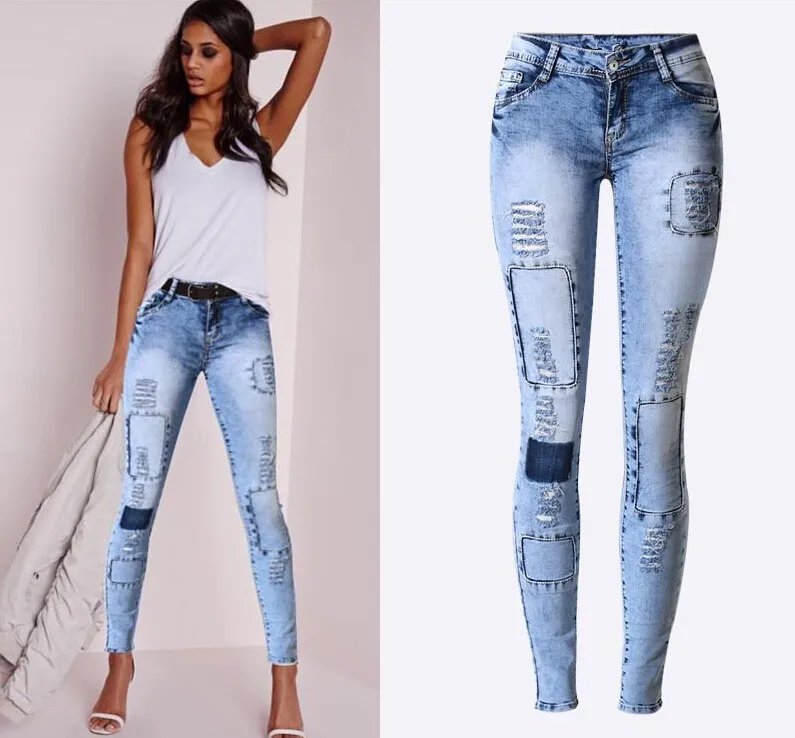 Summer Style Low Waist Sky Blue Patchwork Skinny Tights Women Pencil Jeans High Stretch Sexy Push Up Denim Women Fashion Jeans