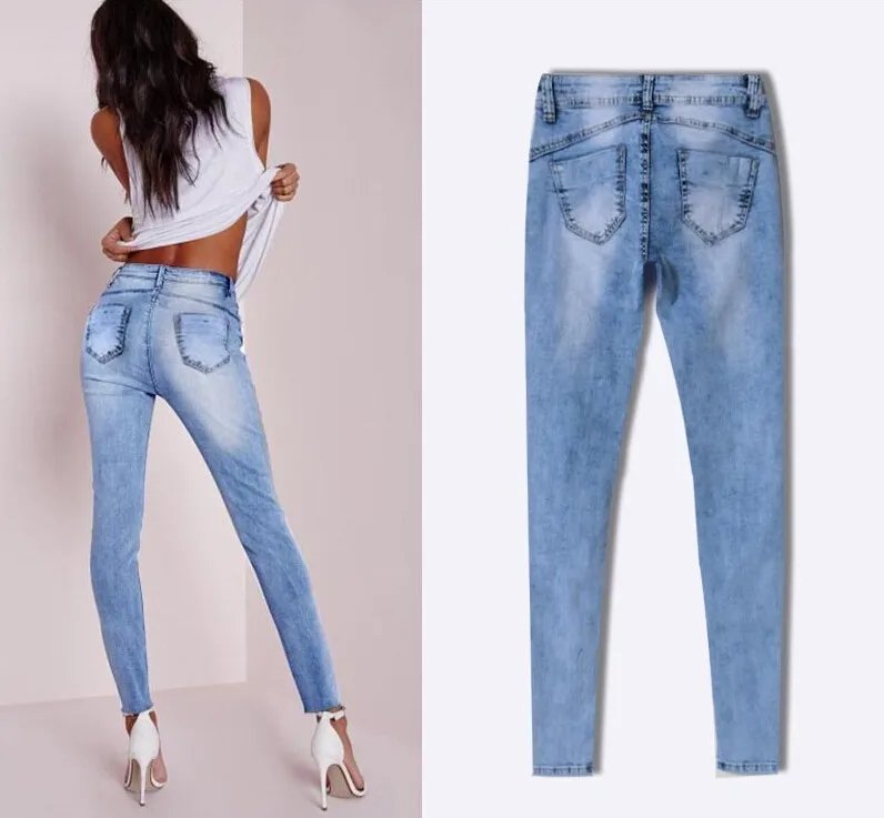 Summer Style Low Waist Sky Blue Patchwork Skinny Tights Women Pencil Jeans High Stretch Sexy Push Up Denim Women Fashion Jeans