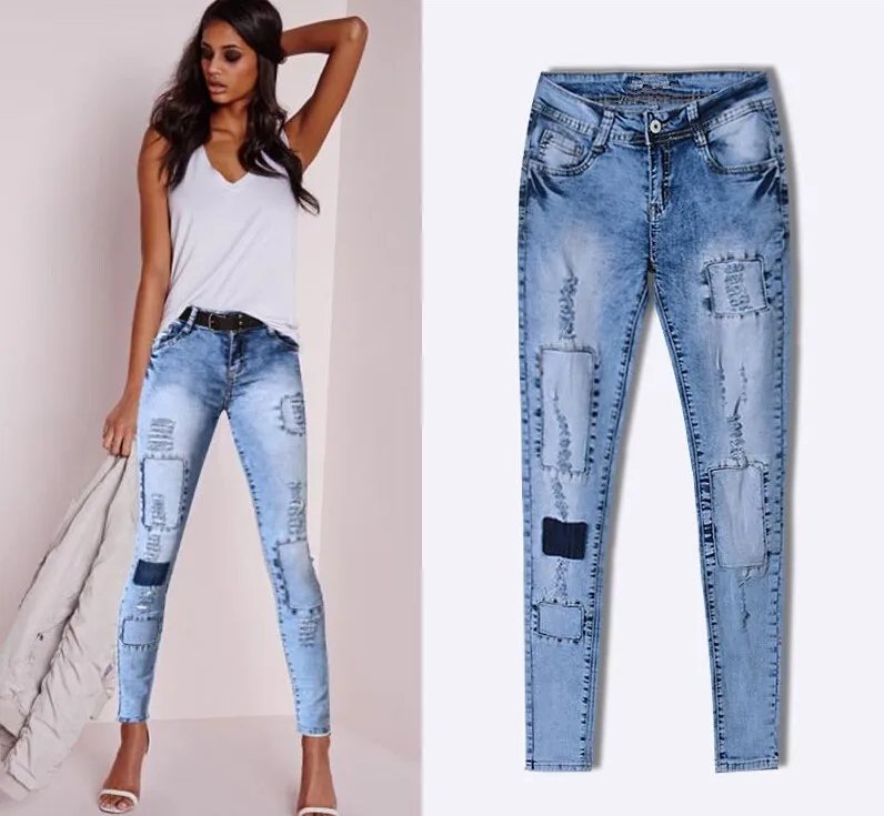 Summer Style Low Waist Sky Blue Patchwork Skinny Tights Women Pencil Jeans High Stretch Sexy Push Up Denim Women Fashion Jeans