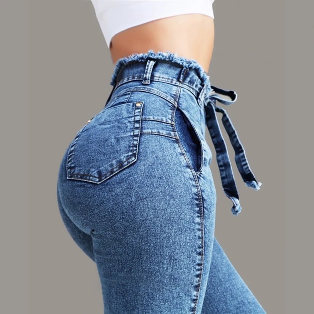 Fashion Belted High Waist Skinny Jeans Women Hot Loose Stretch Denim Long Pants Skinny Jeans Women Stretch Denim Long Pants