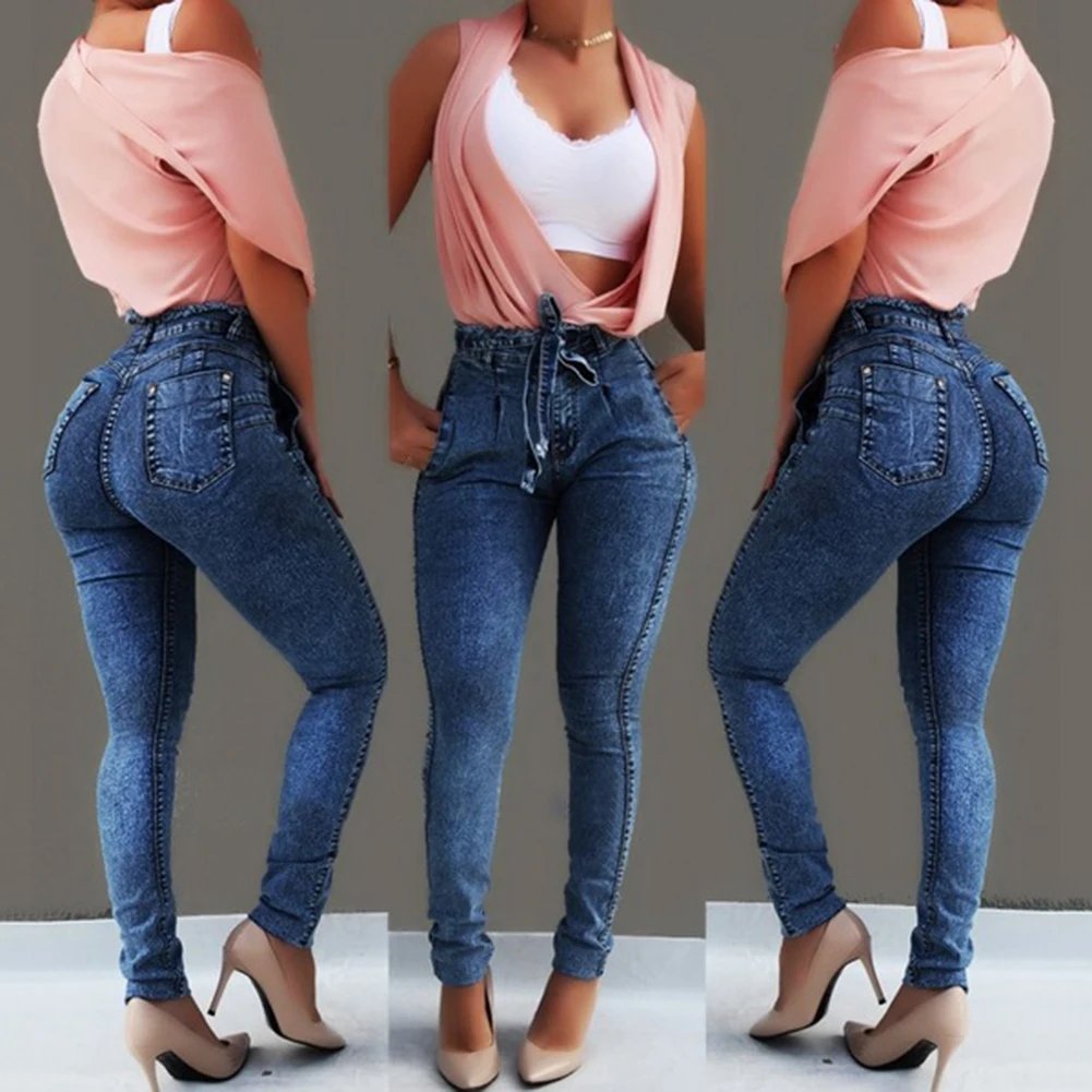 Fashion Belted High Waist Skinny Jeans Women Hot Loose Stretch Denim Long Pants Skinny Jeans Women Stretch Denim Long Pants