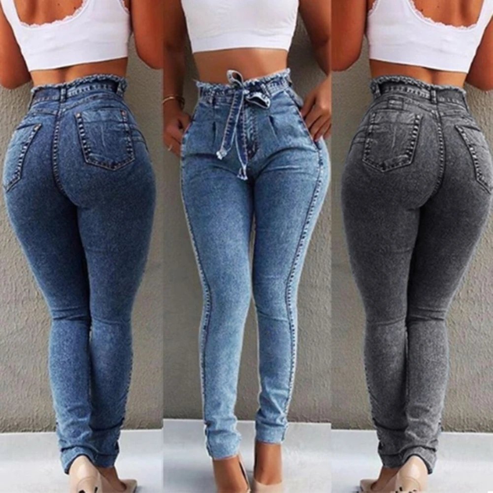 Fashion Belted High Waist Skinny Jeans Women Hot Loose Stretch Denim Long Pants Skinny Jeans Women Stretch Denim Long Pants