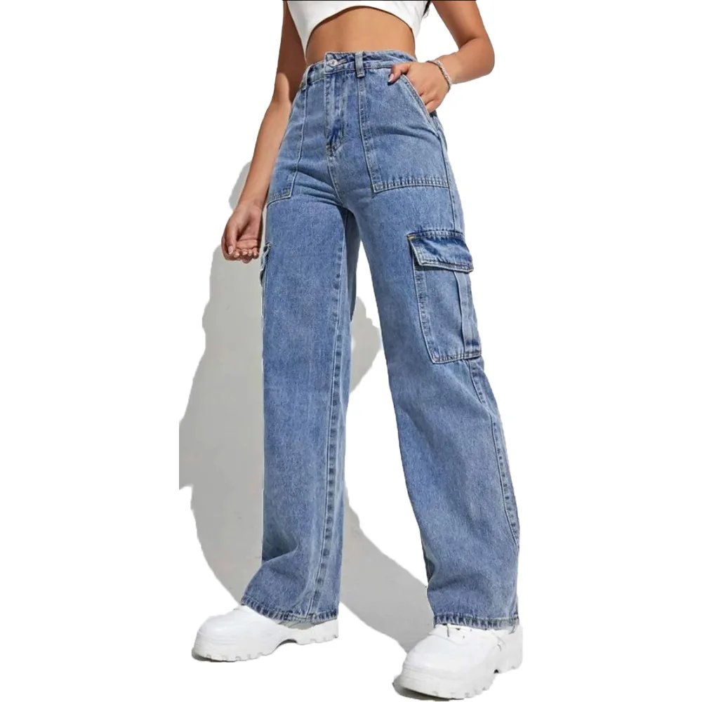 2022 Fall New Y2K Style Women's Straight Leg Jeans Fashion Multi Pocket Denim Cargo Pants Street Casual Trousers S-XL Drop Ship