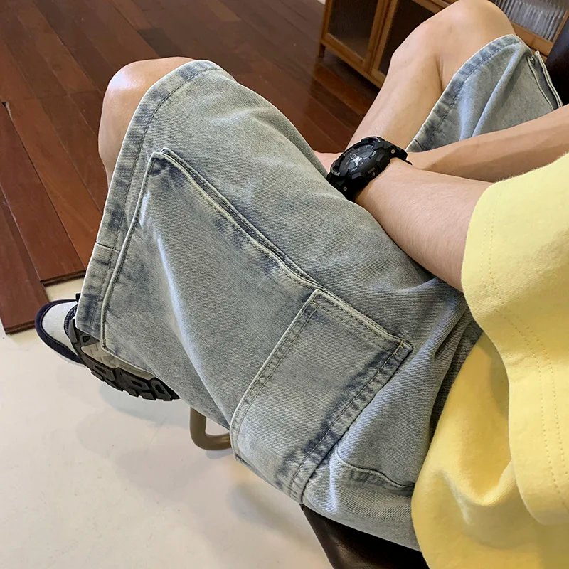 Men's Harajuku Pocket Denim Hip Hop Cargo Short Streetwear Breeches Retro Korean Pants Grunge Bermudas Y2K Jeans Shorts Clothes