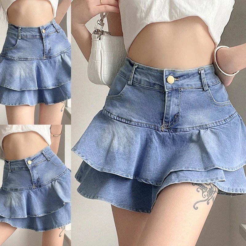 Women Summer High Waist A-Line Mini Cake Jeans Skirt Vintage Washed Pleated Ruffles Layered Tiered Casual Slim Denim Streetwear