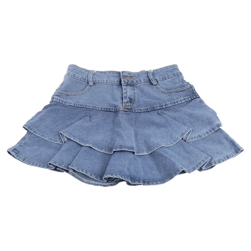 Women Summer High Waist A-Line Mini Cake Jeans Skirt Vintage Washed Pleated Ruffles Layered Tiered Casual Slim Denim Streetwear