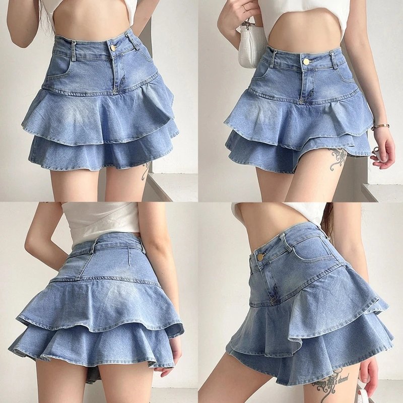 Women Summer High Waist A-Line Mini Cake Jeans Skirt Vintage Washed Pleated Ruffles Layered Tiered Casual Slim Denim Streetwear