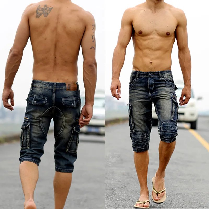 Mcikkny Vintage Men's Fashion Cargo Denim Shorts With Multi Pockets Slim Fit Military Jeans Shorts For Male Washed