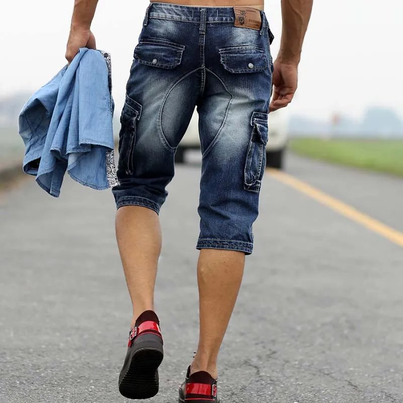 Mcikkny Vintage Men's Fashion Cargo Denim Shorts With Multi Pockets Slim Fit Military Jeans Shorts For Male Washed