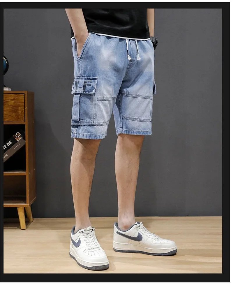 2023 Summer Gray Blue Denim Shorts for Men Cotton Knee-Length Straight Casual Loose Thin Elastic Bermuda Jeans Short Pant