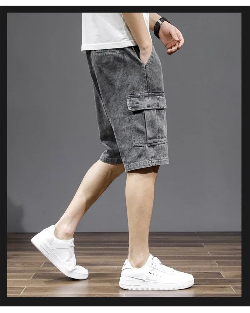 2023 Summer Gray Blue Denim Shorts for Men Cotton Knee-Length Straight Casual Loose Thin Elastic Bermuda Jeans Short Pant