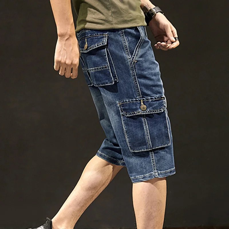 Idopy Summer Men's Fashion Vintage Biker Jeans Shorts Men Motorcycle Denim Cargo Multi Pockets Denim Shorts