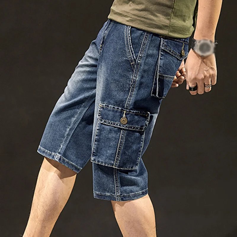 Idopy Summer Men's Fashion Vintage Biker Jeans Shorts Men Motorcycle Denim Cargo Multi Pockets Denim Shorts