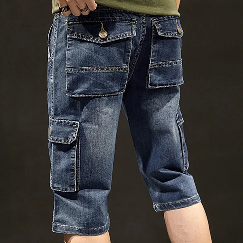 Idopy Summer Men's Fashion Vintage Biker Jeans Shorts Men Motorcycle Denim Cargo Multi Pockets Denim Shorts