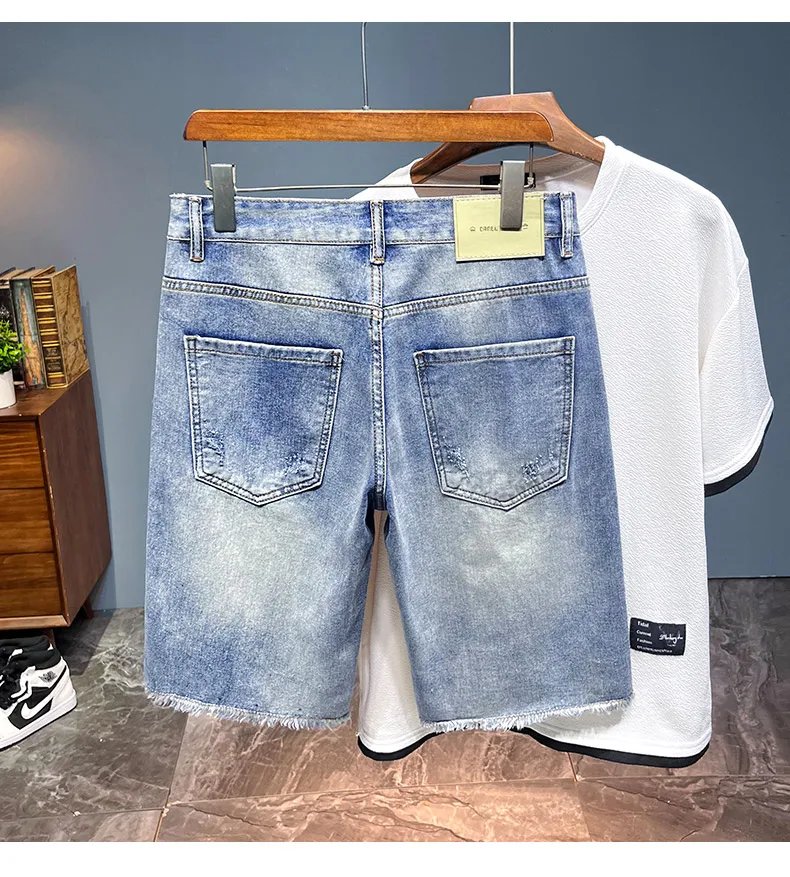 Hip Hop Ripped Denim Shorts Men Summer New Streetwear Casual Fashion Straight Jeans Knee Length Male Hole Short Pants