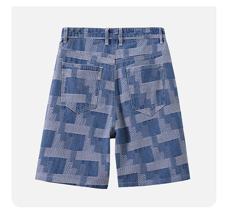 Fashion Plaid Denim Shorts for Men Summer New Straight Casual Splicing Jeans Streetwear Baggy Wide Short Pants Male