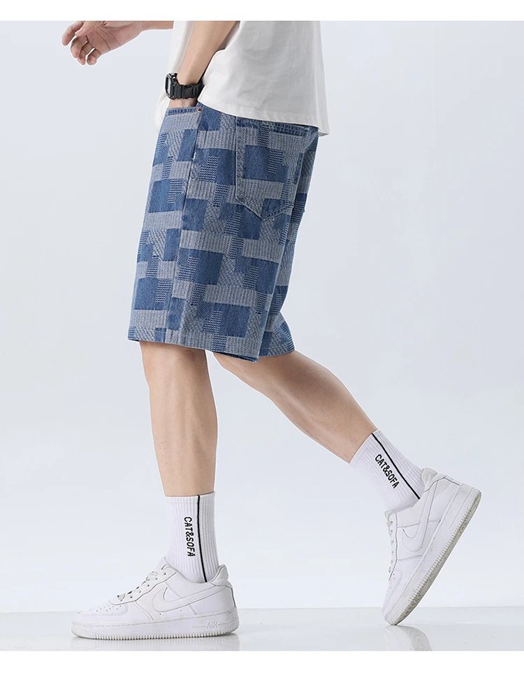 Fashion Plaid Denim Shorts for Men Summer New Straight Casual Splicing Jeans Streetwear Baggy Wide Short Pants Male