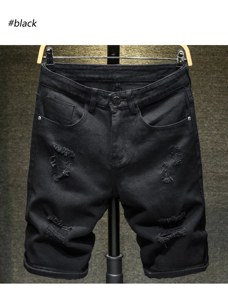 2023 Summer New Men's Ripped Denim Shorts Classic Style Black White Fashion Casual Slim Fit Short Jeans Male Brand
