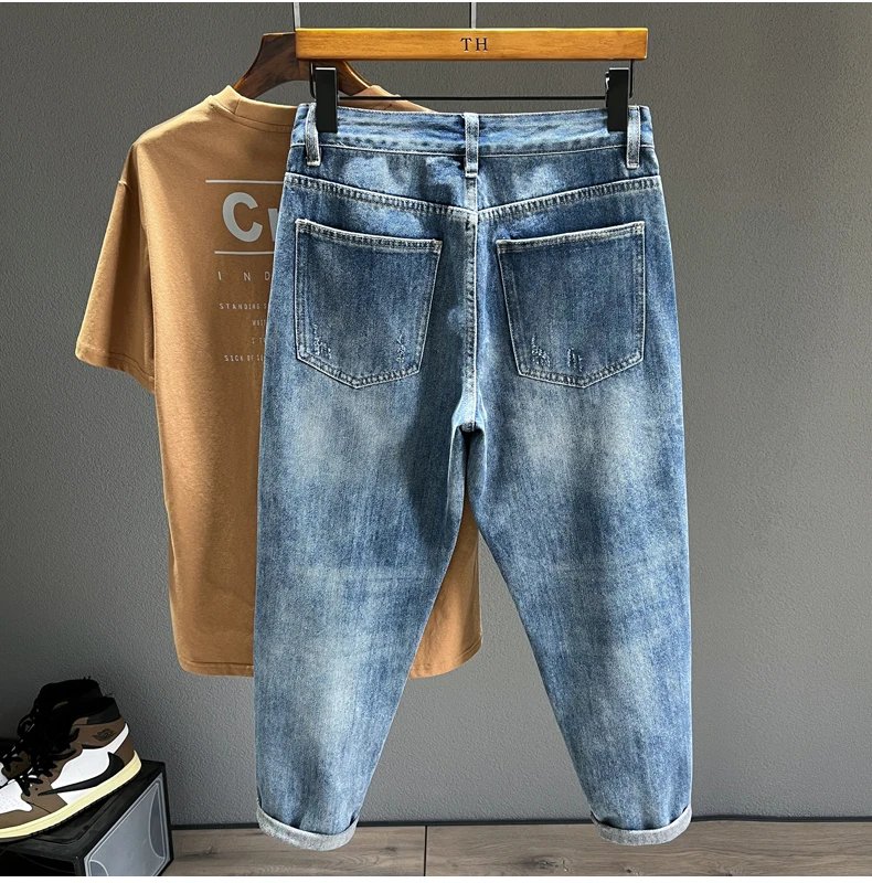 Hip Hop Jeans Men Frayed Slim Little Feet Streetwear Blue Ankle Length Denim Trousers Male Casual Fashion Retro Cropped Pants