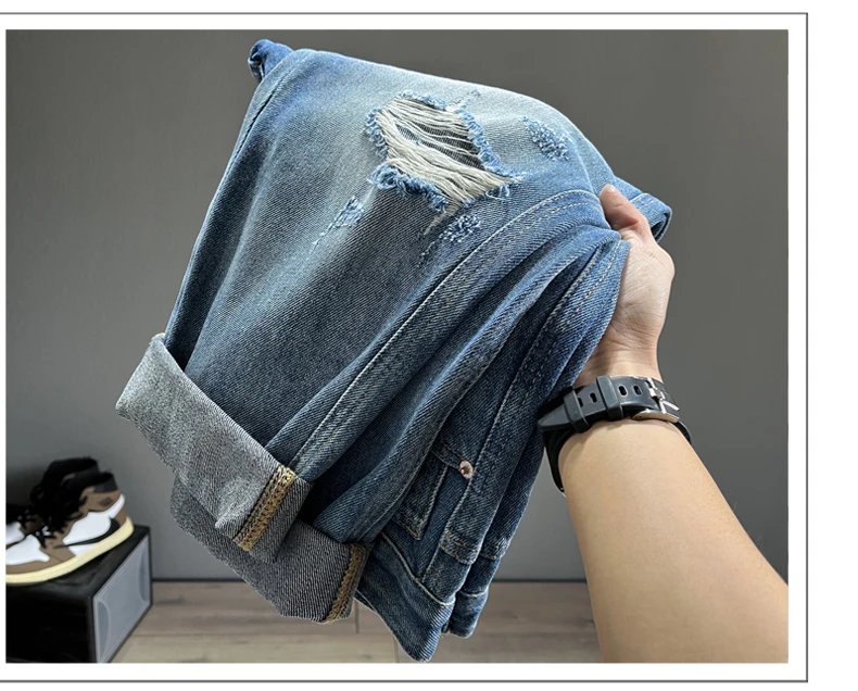 Hip Hop Jeans Men Frayed Slim Little Feet Streetwear Blue Ankle Length Denim Trousers Male Casual Fashion Retro Cropped Pants