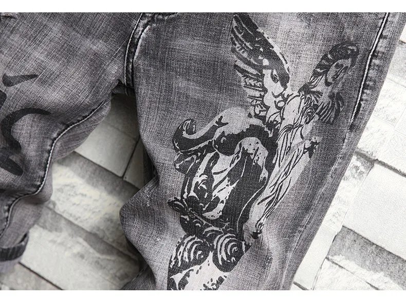 Fairy Print Smoke Grey Men's Denim Shorts 1/2 Pants Elastic Slim Fit Fashion Hole Guy Denim Korean Fashion Distressed Jeans