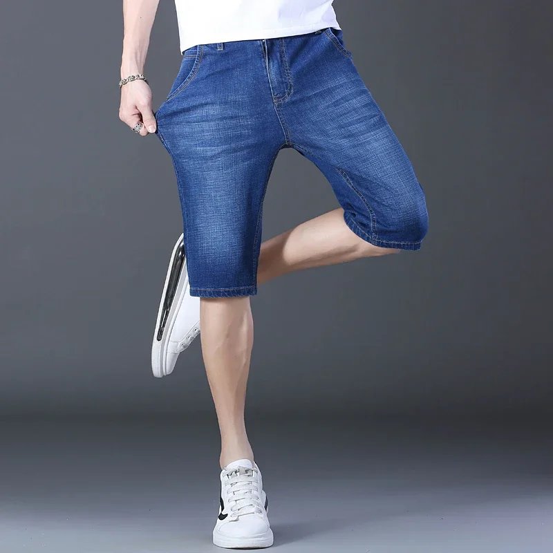 2023 Blue Soft Denim Short For Men Mens Summer Stretch Light Weight Jean Knee Length Pants