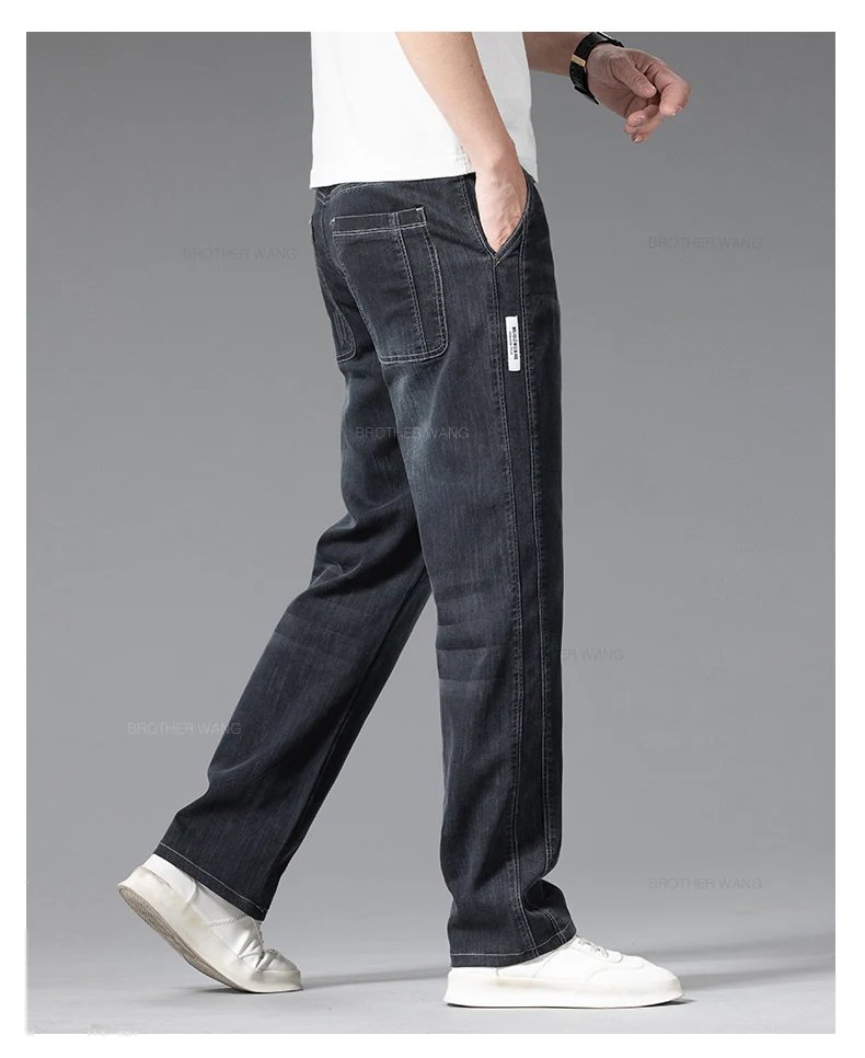 Summer Thin Jeans Men's Loose Straight Pants Fashion Elastic Waist Stretch Cotton Business Casual Denim Trousers Light Blue