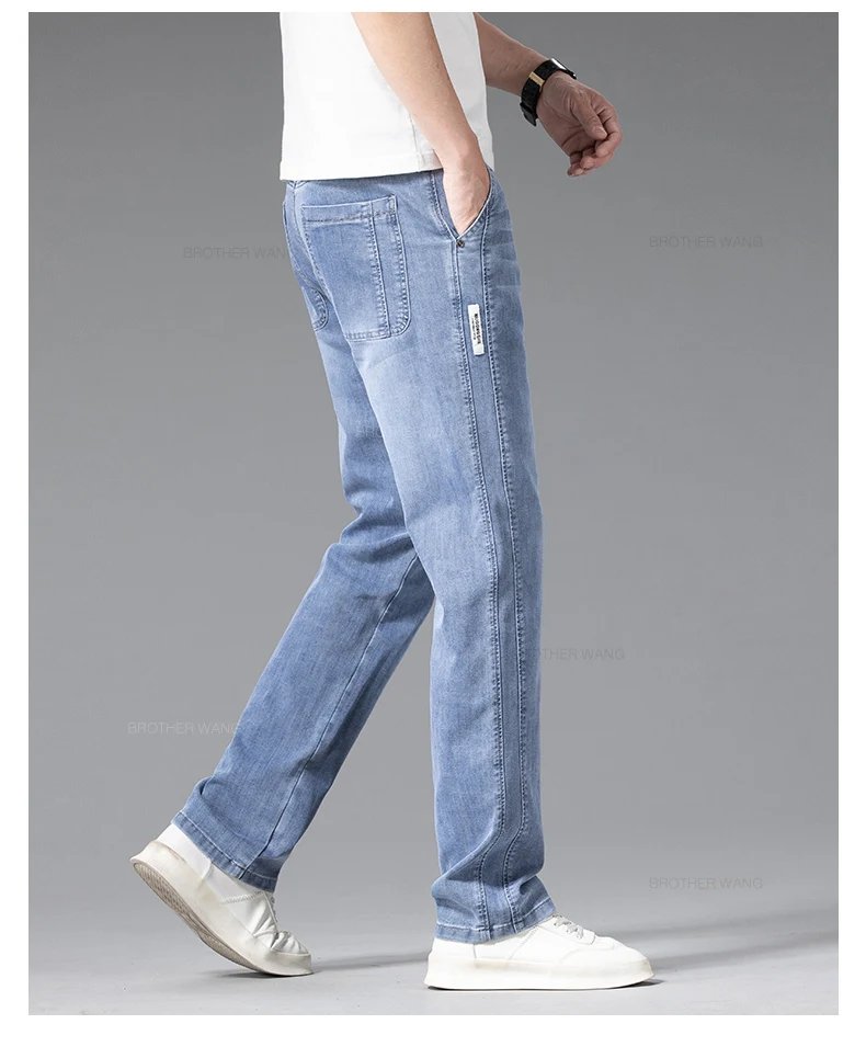 Summer Thin Jeans Men's Loose Straight Pants Fashion Elastic Waist Stretch Cotton Business Casual Denim Trousers Light Blue