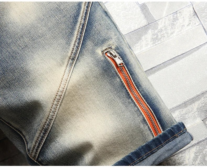 Personalized Splicing Retro Denim Shorts Men's Summer New Slim Straight High Street Dilapidated Knee High Short Jeans Male
