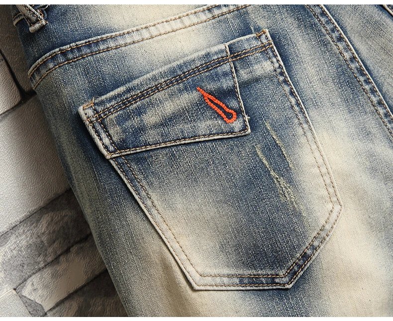 Personalized Splicing Retro Denim Shorts Men's Summer New Slim Straight High Street Dilapidated Knee High Short Jeans Male