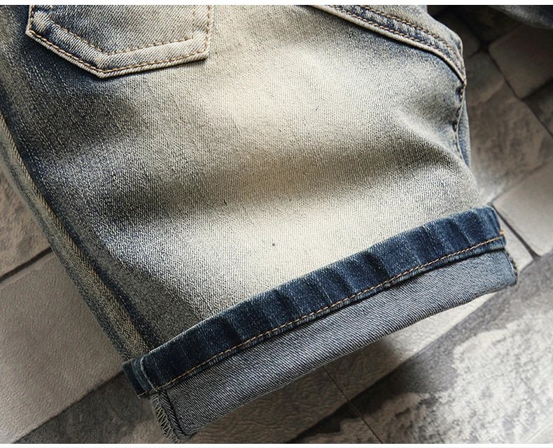 Personalized Splicing Retro Denim Shorts Men's Summer New Slim Straight High Street Dilapidated Knee High Short Jeans Male