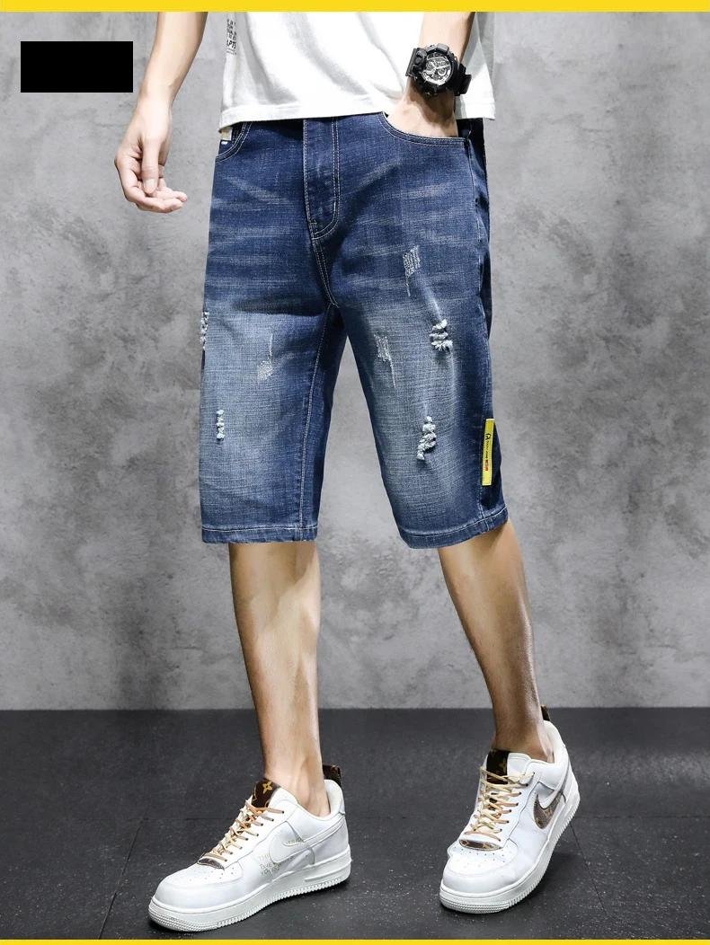 Hong Kong Style Fashion Hole Knee Pants Summer Vintage Straight Men's Clothing Pockets Youthful Vitality Casual Denim Shorts New