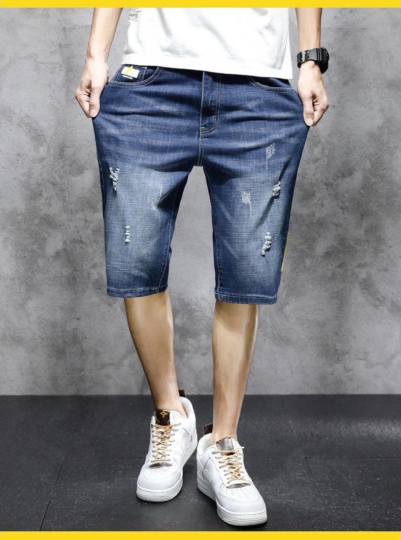 Hong Kong Style Fashion Hole Knee Pants Summer Vintage Straight Men's Clothing Pockets Youthful Vitality Casual Denim Shorts New