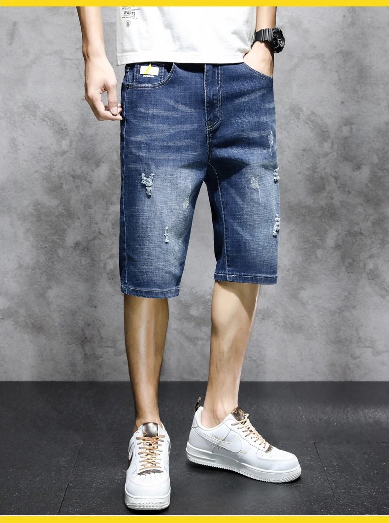 Hong Kong Style Fashion Hole Knee Pants Summer Vintage Straight Men's Clothing Pockets Youthful Vitality Casual Denim Shorts New