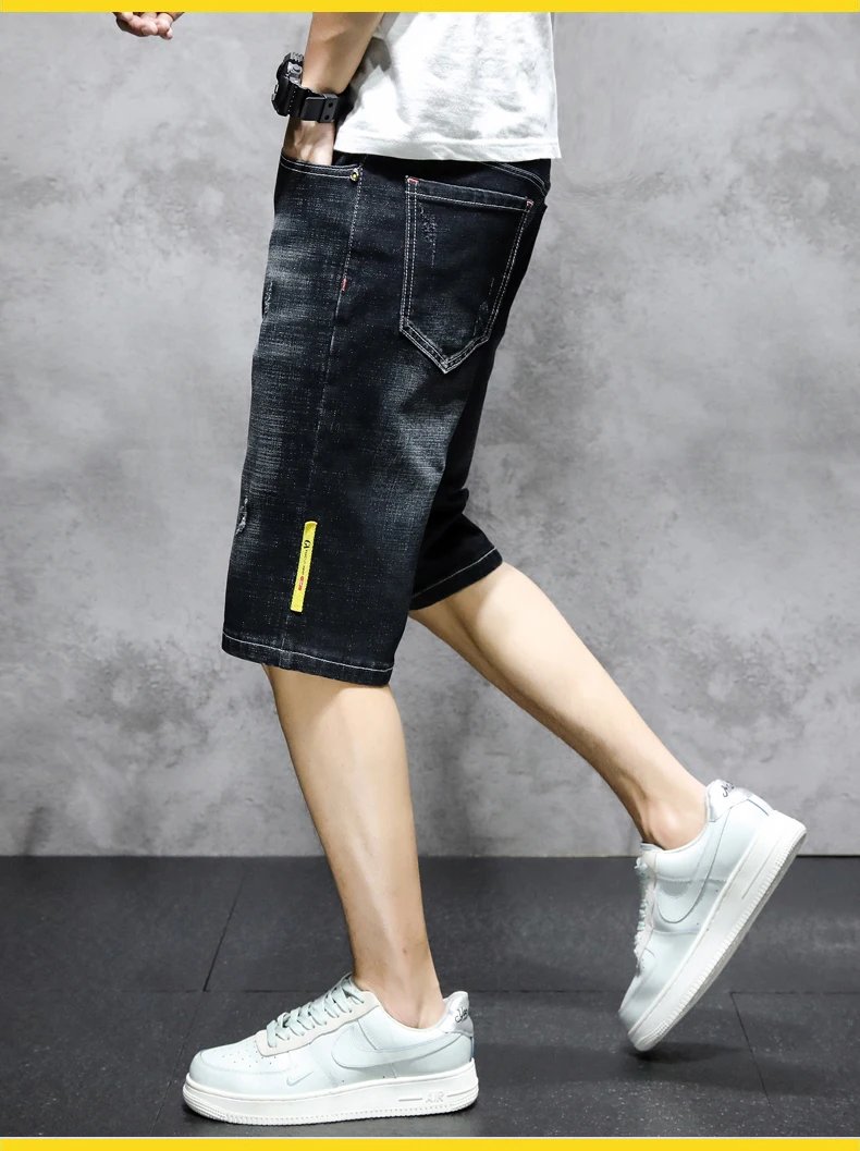 Hong Kong Style Fashion Hole Knee Pants Summer Vintage Straight Men's Clothing Pockets Youthful Vitality Casual Denim Shorts New