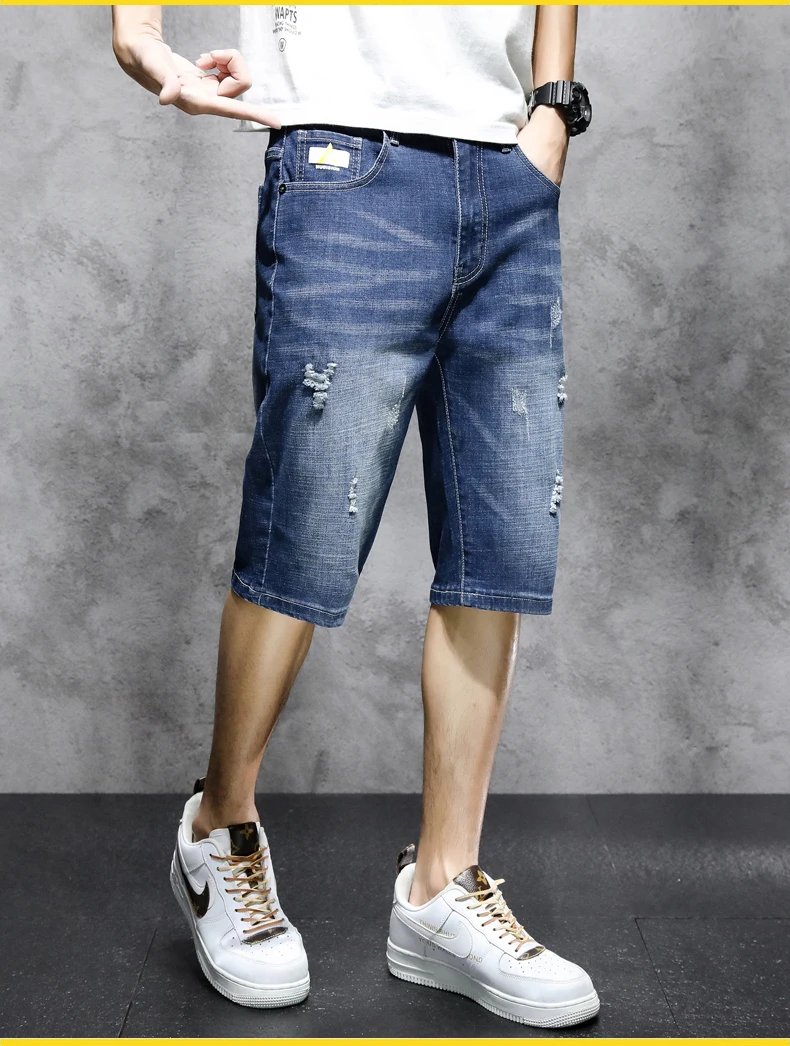 Hong Kong Style Fashion Hole Knee Pants Summer Vintage Straight Men's Clothing Pockets Youthful Vitality Casual Denim Shorts New