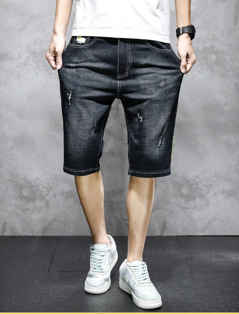 Hong Kong Style Fashion Hole Knee Pants Summer Vintage Straight Men's Clothing Pockets Youthful Vitality Casual Denim Shorts New