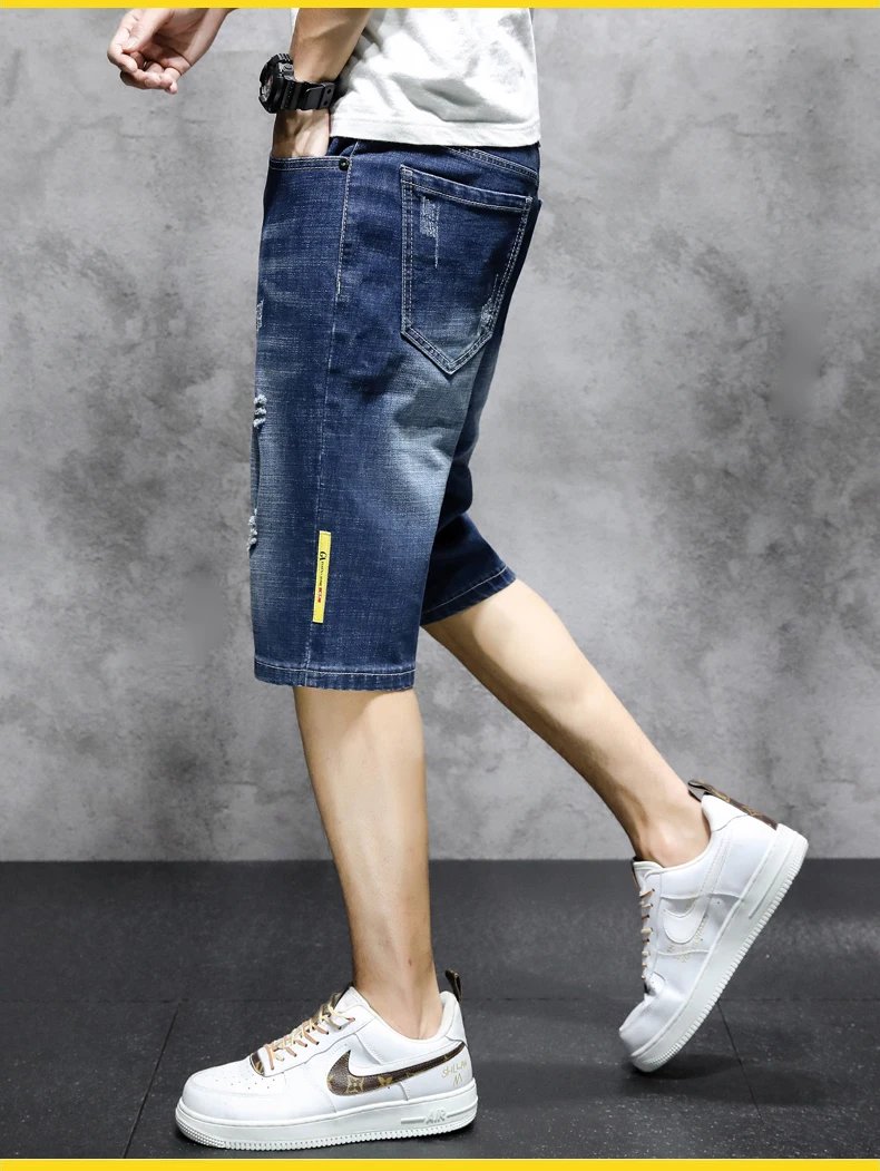 Hong Kong Style Fashion Hole Knee Pants Summer Vintage Straight Men's Clothing Pockets Youthful Vitality Casual Denim Shorts New