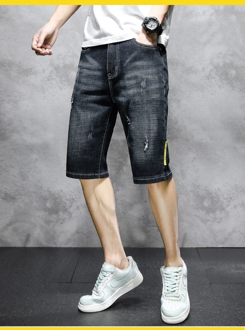 Hong Kong Style Fashion Hole Knee Pants Summer Vintage Straight Men's Clothing Pockets Youthful Vitality Casual Denim Shorts New