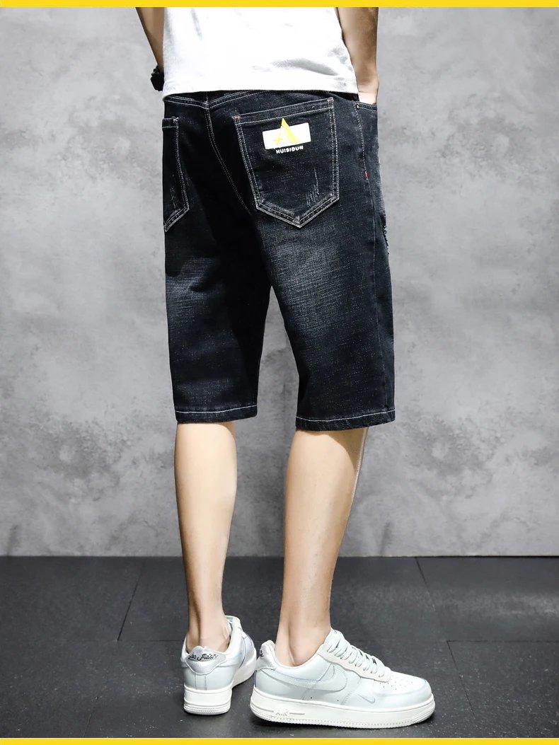 Hong Kong Style Fashion Hole Knee Pants Summer Vintage Straight Men's Clothing Pockets Youthful Vitality Casual Denim Shorts New