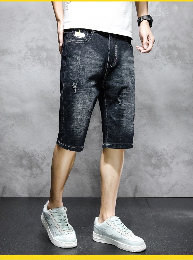 Hong Kong Style Fashion Hole Knee Pants Summer Vintage Straight Men's Clothing Pockets Youthful Vitality Casual Denim Shorts New