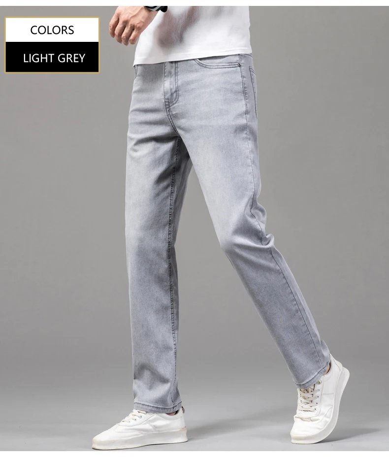 2024 Summer Thin Men's Elastic Cotton Jeans Fashion Gray Comfortable Business Straight Casual Pants High Quality Brand Trousers