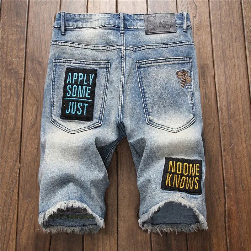 European and American embroidery ripped denim shorts jeans men's loose stretch five-part pants bee badge embroidered pants