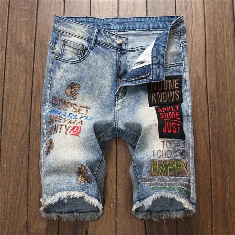 European and American embroidery ripped denim shorts jeans men's loose stretch five-part pants bee badge embroidered pants