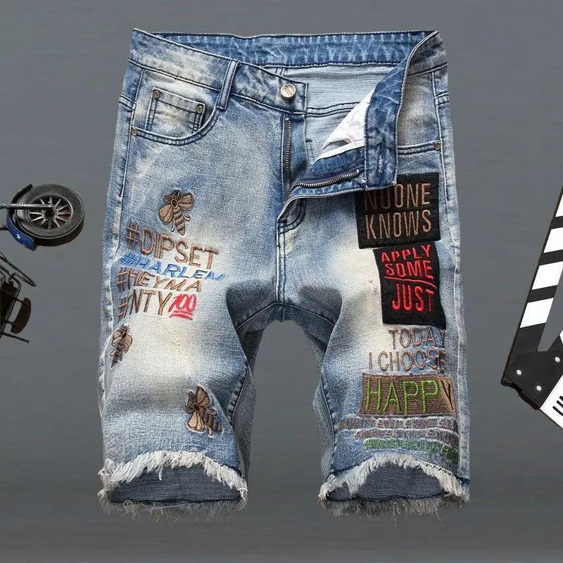 European and American embroidery ripped denim shorts jeans men's loose stretch five-part pants bee badge embroidered pants