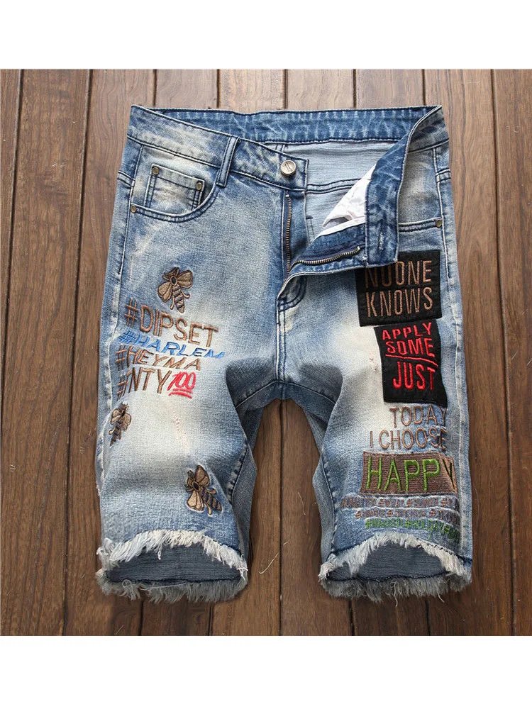 European and American embroidery ripped denim shorts jeans men's loose stretch five-part pants bee badge embroidered pants